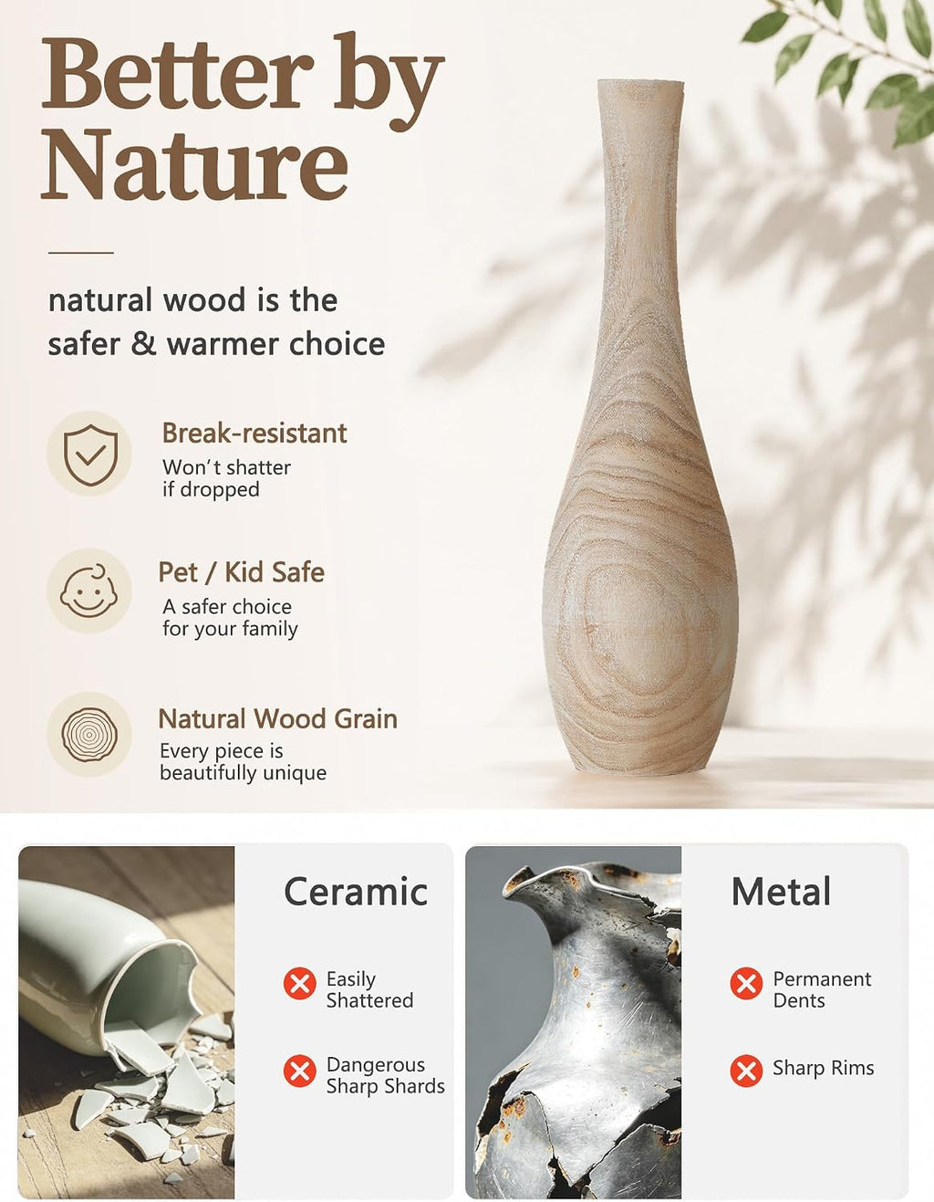 Hanobe Wood Tall Floor Vase: 22 Inch Slender Beige Boho Vase for Pampas Grass - Decorative Large Vases for Farmhouse Living Room Corner Entryway Fireplace Home Decor