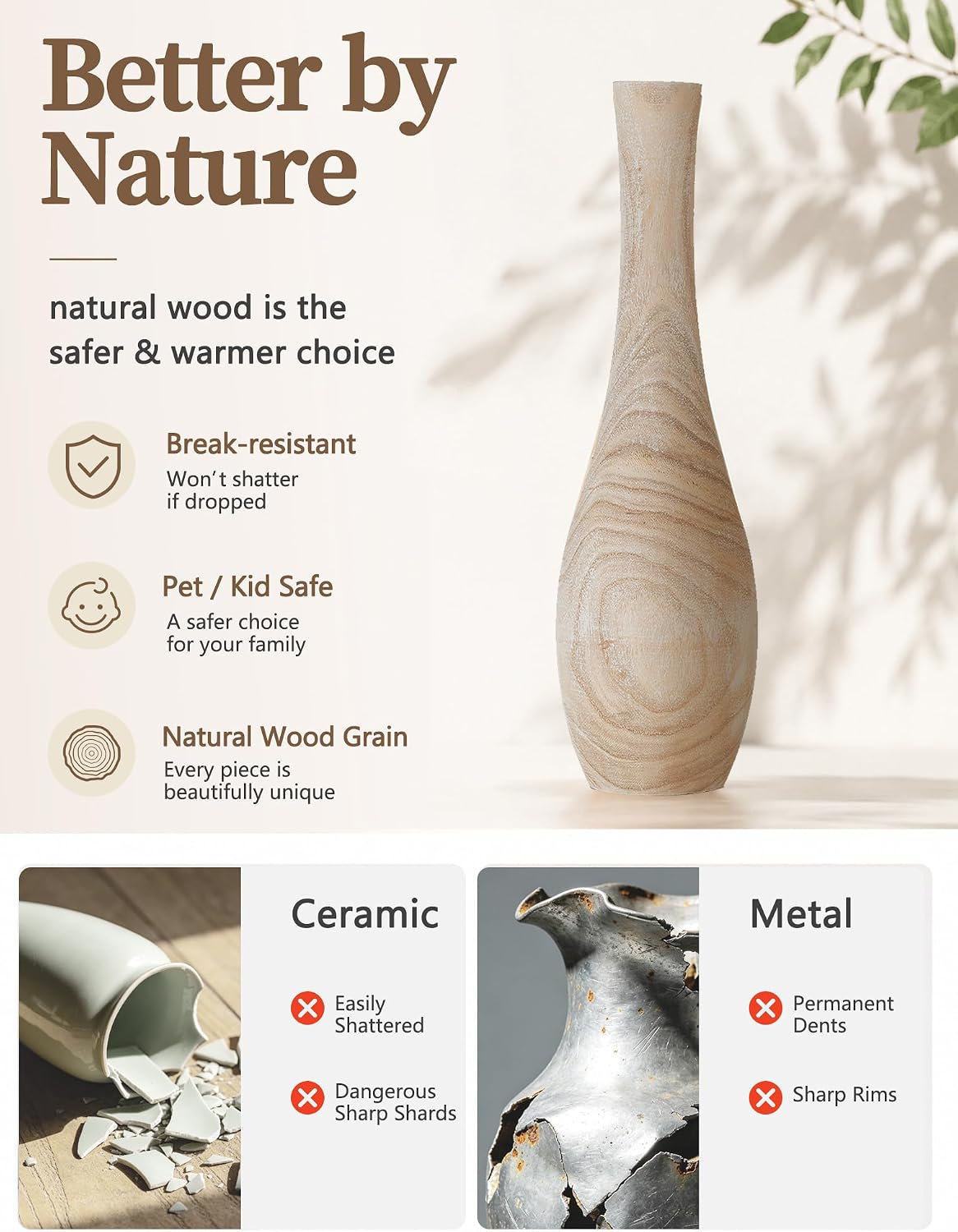 Hanobe Wood Tall Floor Vase: 22 Inch Slender Beige Boho Vase for Pampas Grass - Decorative Large Vases for Farmhouse Living Room Corner Entryway Fireplace Home Decor