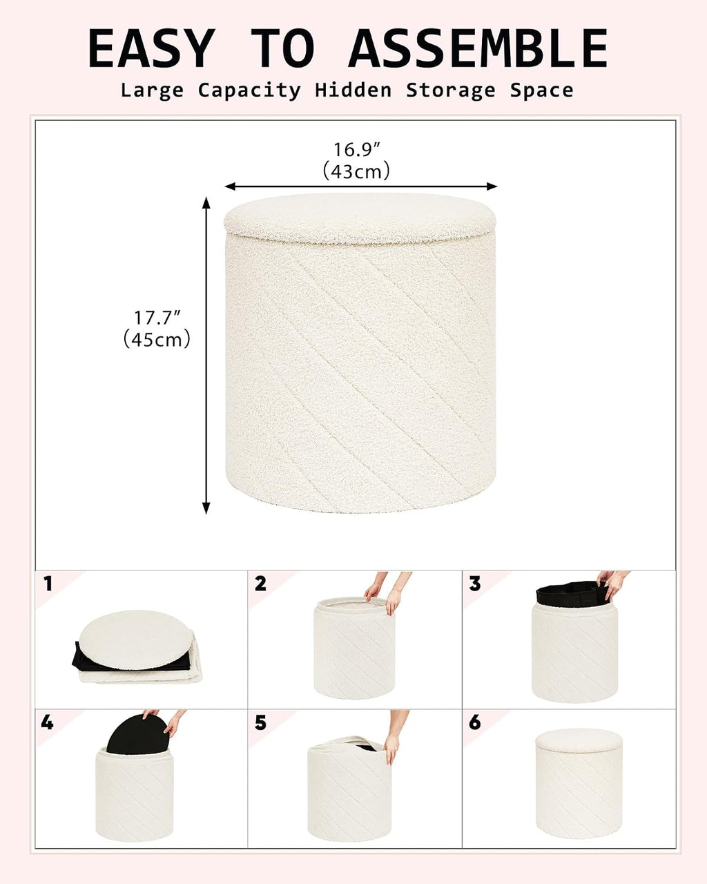 Round Boucle Storage Ottoman with Reversible Wood Tray, 17.7" Sherpa Cylinder Footrest Stool with Storage, Upholstered Folding Ottoman Coffee Table for Living Room Bedroom Dorm, White