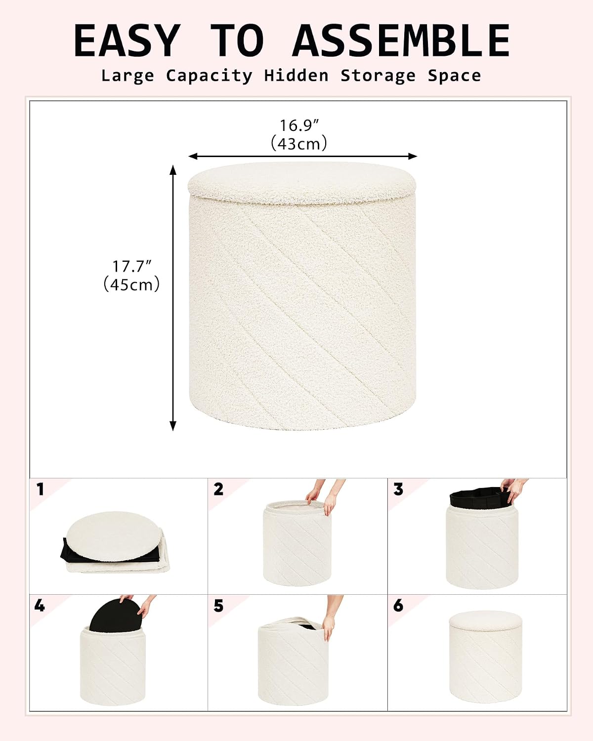 Round Boucle Storage Ottoman with Reversible Wood Tray, 17.7" Sherpa Cylinder Footrest Stool with Storage, Upholstered Folding Ottoman Coffee Table for Living Room Bedroom Dorm, White