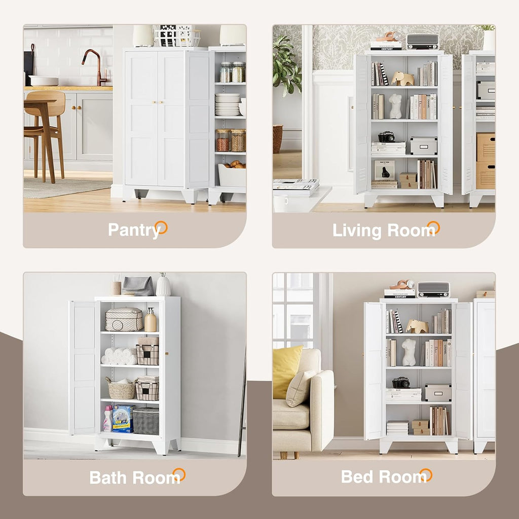 Yizosh Metal Storage Cabinet with Doors and 3 Adjustable Shelves - 47" White Kitchen Pantry Storage Cabinet Locker for Kitchen,Living Room,Dining Room