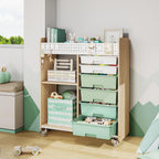 Rolling Storage Cart with Top Pegboard and 6 Drawers, Mobile Utility Cart on Wheels with Locking Brakes, Craft Organizer Lateral File Cabinet for Home, Office and Craft Room – Wood Frame(Green)