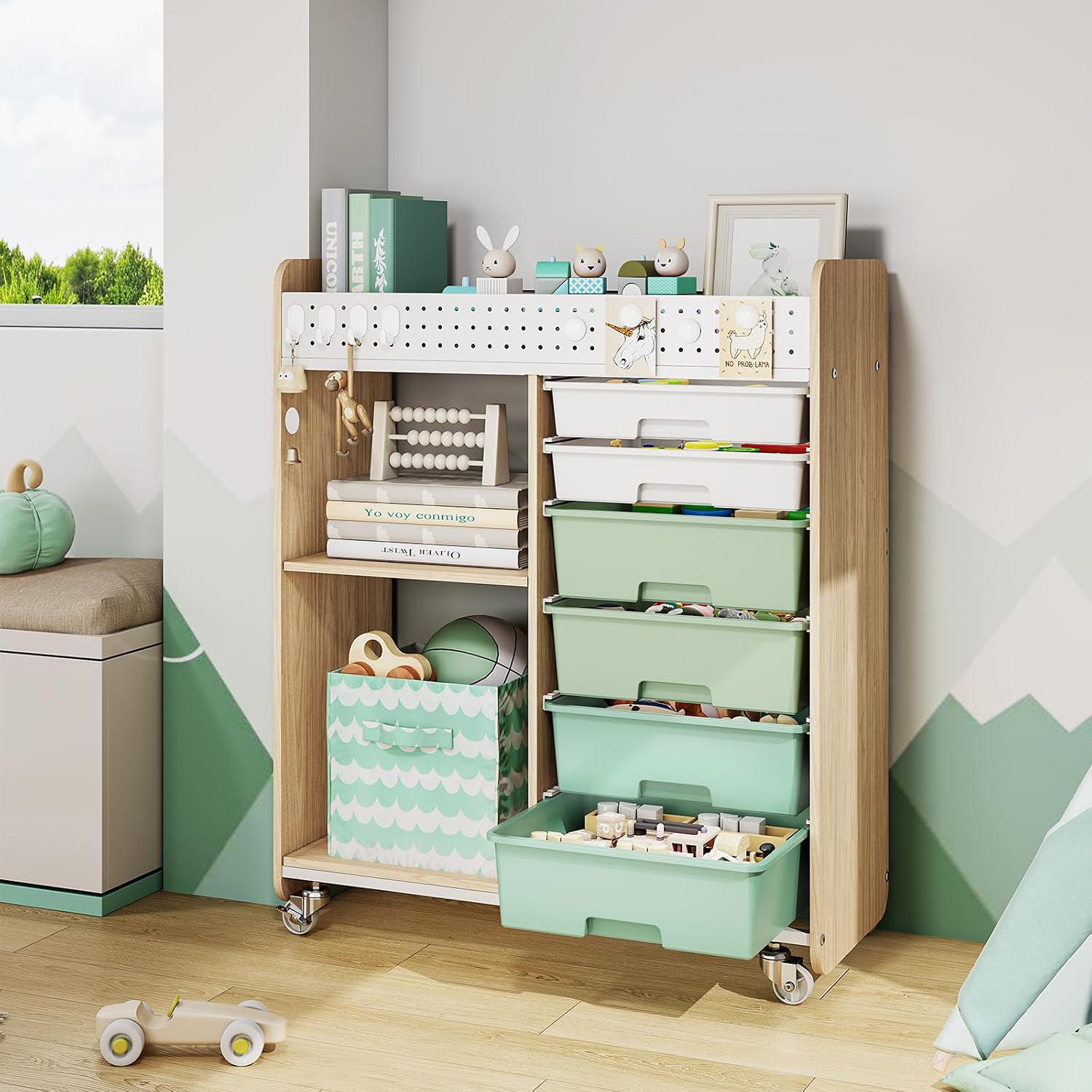 Rolling Storage Cart with Top Pegboard and 6 Drawers, Mobile Utility Cart on Wheels with Locking Brakes, Craft Organizer Lateral File Cabinet for Home, Office and Craft Room – Wood Frame(Green)