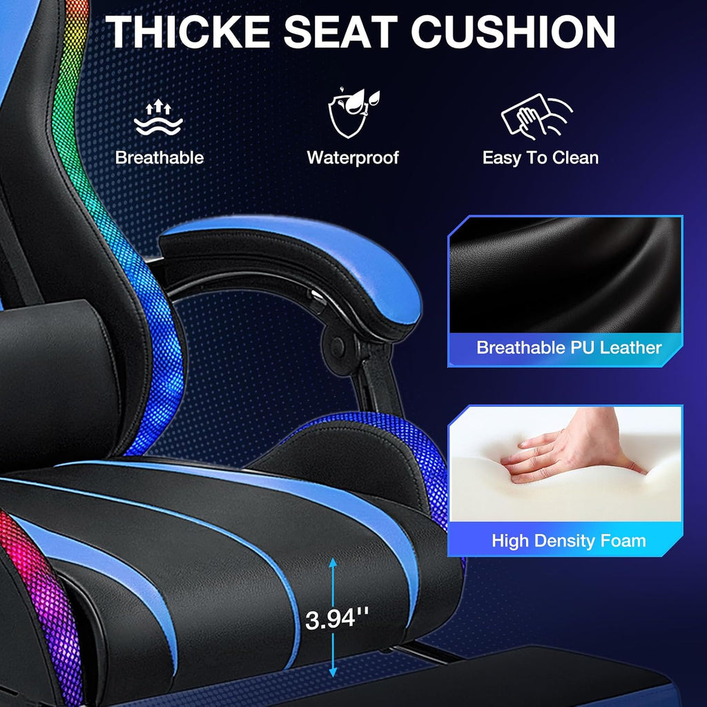 Gaming Chair with Bluetooth Speakers and RGB LED Lights Ergonomic Massage Video Game Chair with Footrest High Back with Lumbar Support Blue and Black