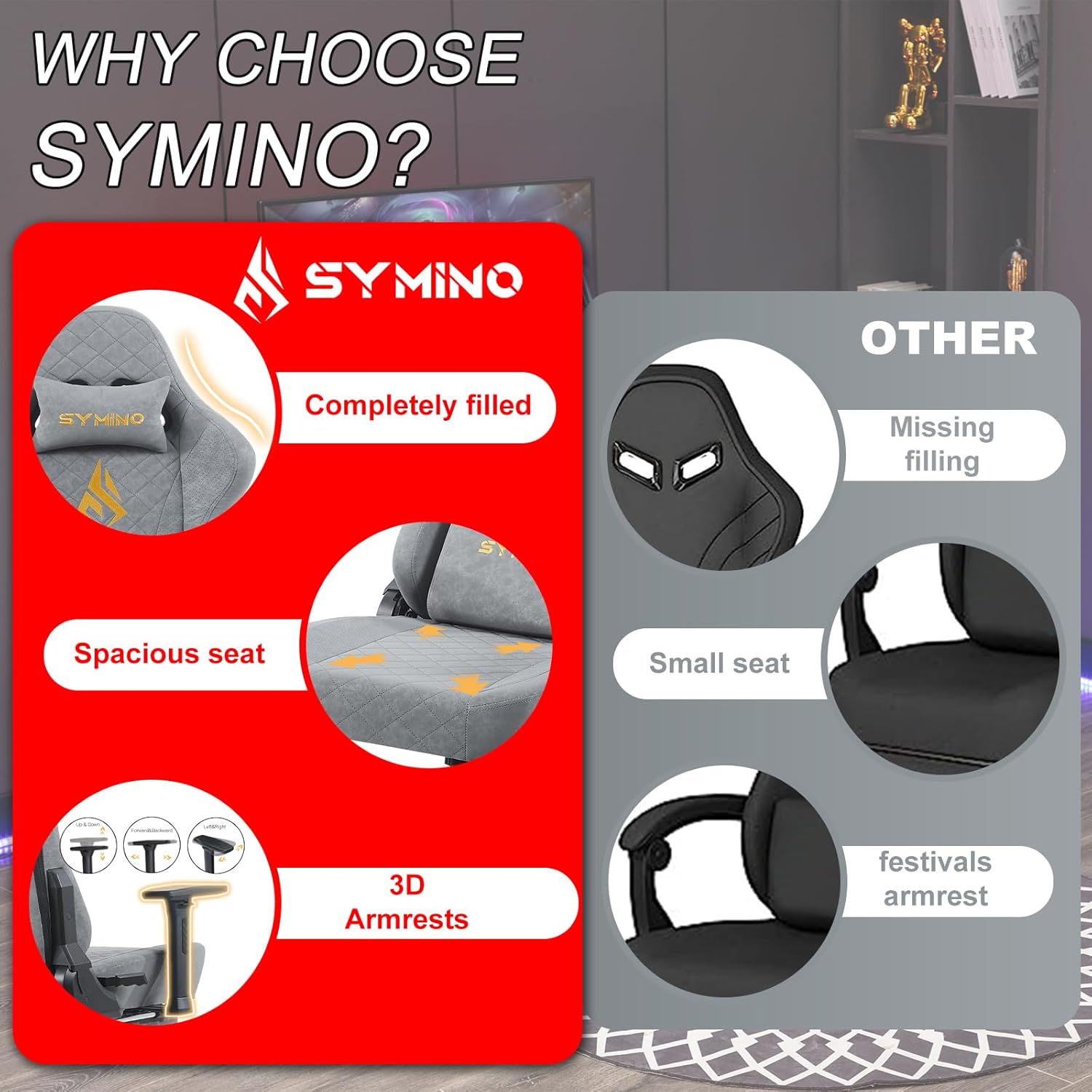 Symino Gaming Chair with Foot Rest, 3D Armrests PU Leather High Back Ergonomic Office Chair, 150° Recline Computer Desk Chair, Diamond Stitching, Grey