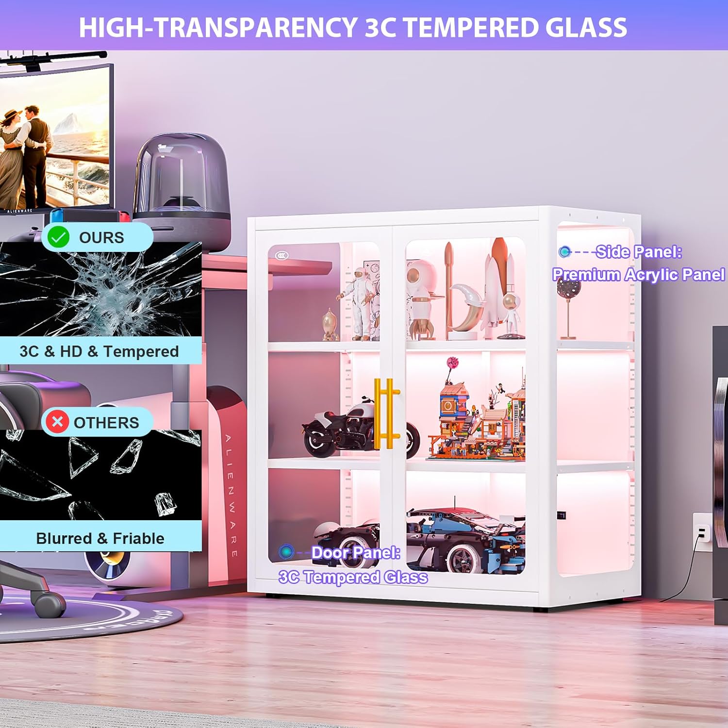 pozdeg Display Cabinet with Glass Door, 34" Curio Cabinet with RGB Lights and 2 Adjustable Shelves, Glass Display Case for Collectibles, Toys, Books, Figures, Exhibit (White)