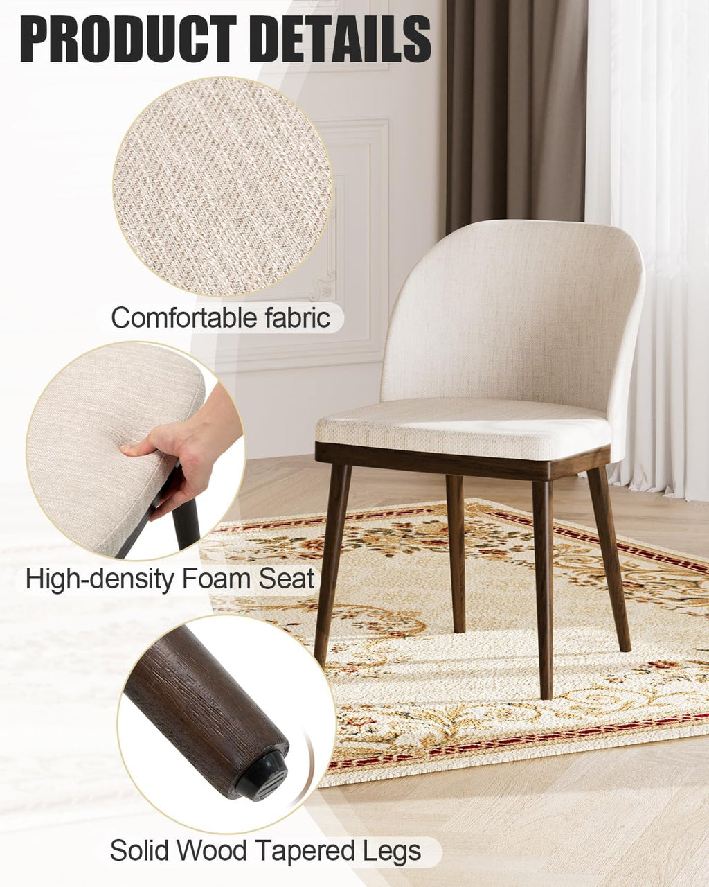 Upholstered Dining Chairs Set of 4 - Modern Dining Room Chairs, Mid-Back Restaurant Kitchen Chairs with Wooden Legs, Beige