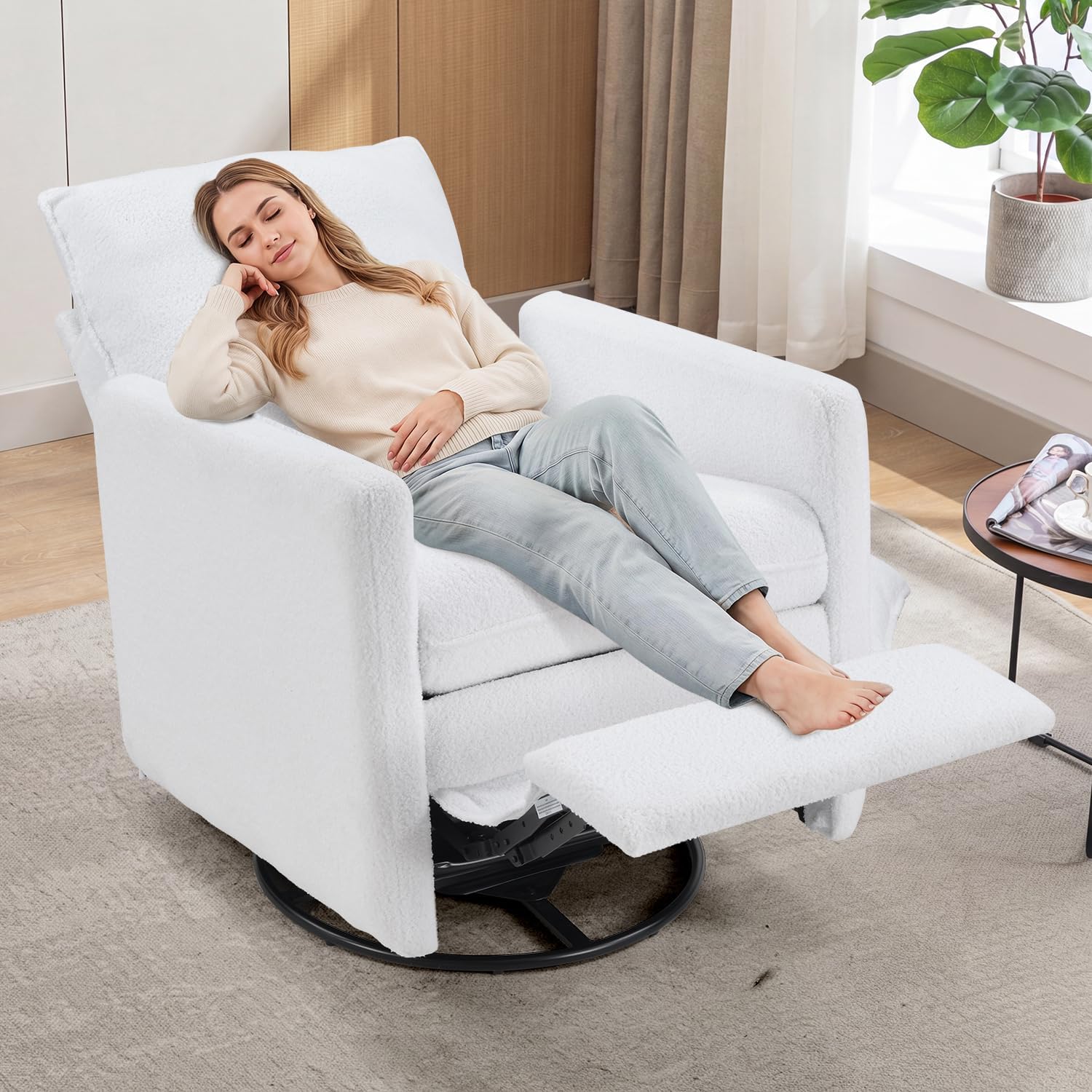 CANMOV Swivel Rocker Recliner Chair, Teddy Upholstered Nursery Glider Chair, Manual Reclining Chair with Two Removable Pillows for Living Room (White)