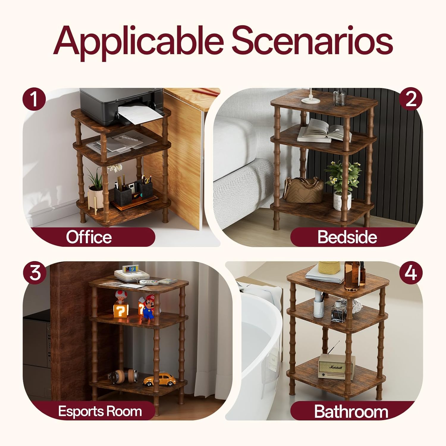 Side Table,Living Room End Tables with 3-Tier,Small Nightstand Table for Small Spaces,Sofa Side,Bedside, Bathroom,Coffee Table,Modern Bedside Table,Stable Frame,Easy Set Up (Rustic Brown)