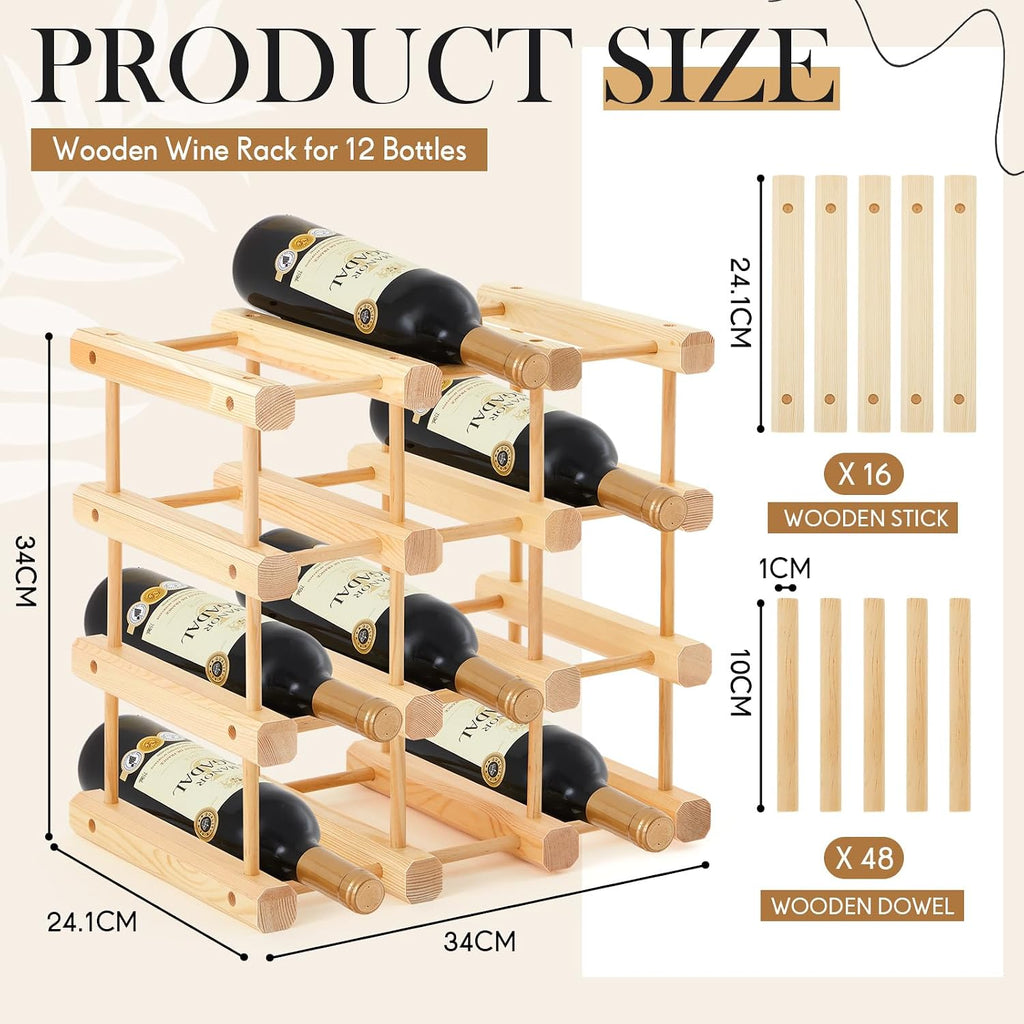 Juexica 1 Pcs 12 Bottles Wooden Wine Rack Sturdy and Durable for Inside Cabinet Stackable Countertop Modular Wine Storage Rack DIY Assembly Bottle Holder for Cellar (Natural Color)