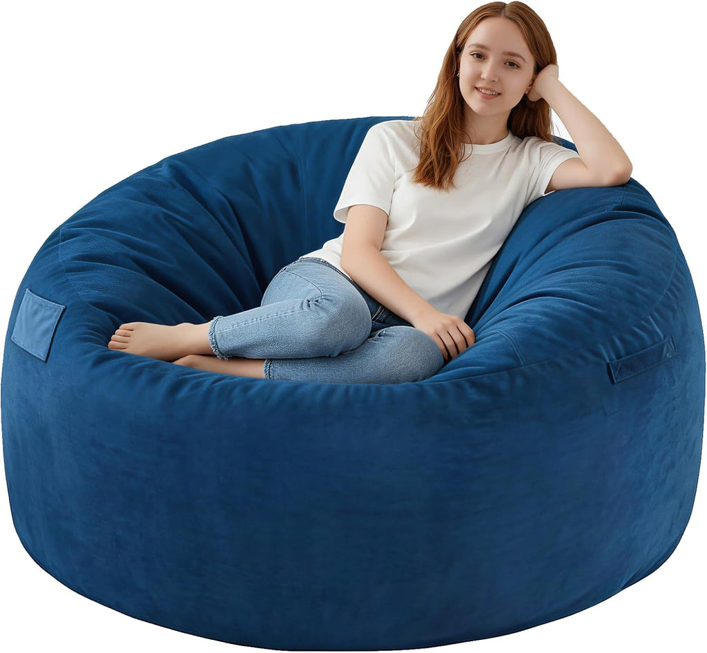 3FT Bean Bag Chair, Comfy Bean Bag Chairs with Memory Foam Filled, Fluffy Beanbag Sofa with Dutch Velvet Cover, Round BeanBag Chairs for Living Room, Playroom - Blue