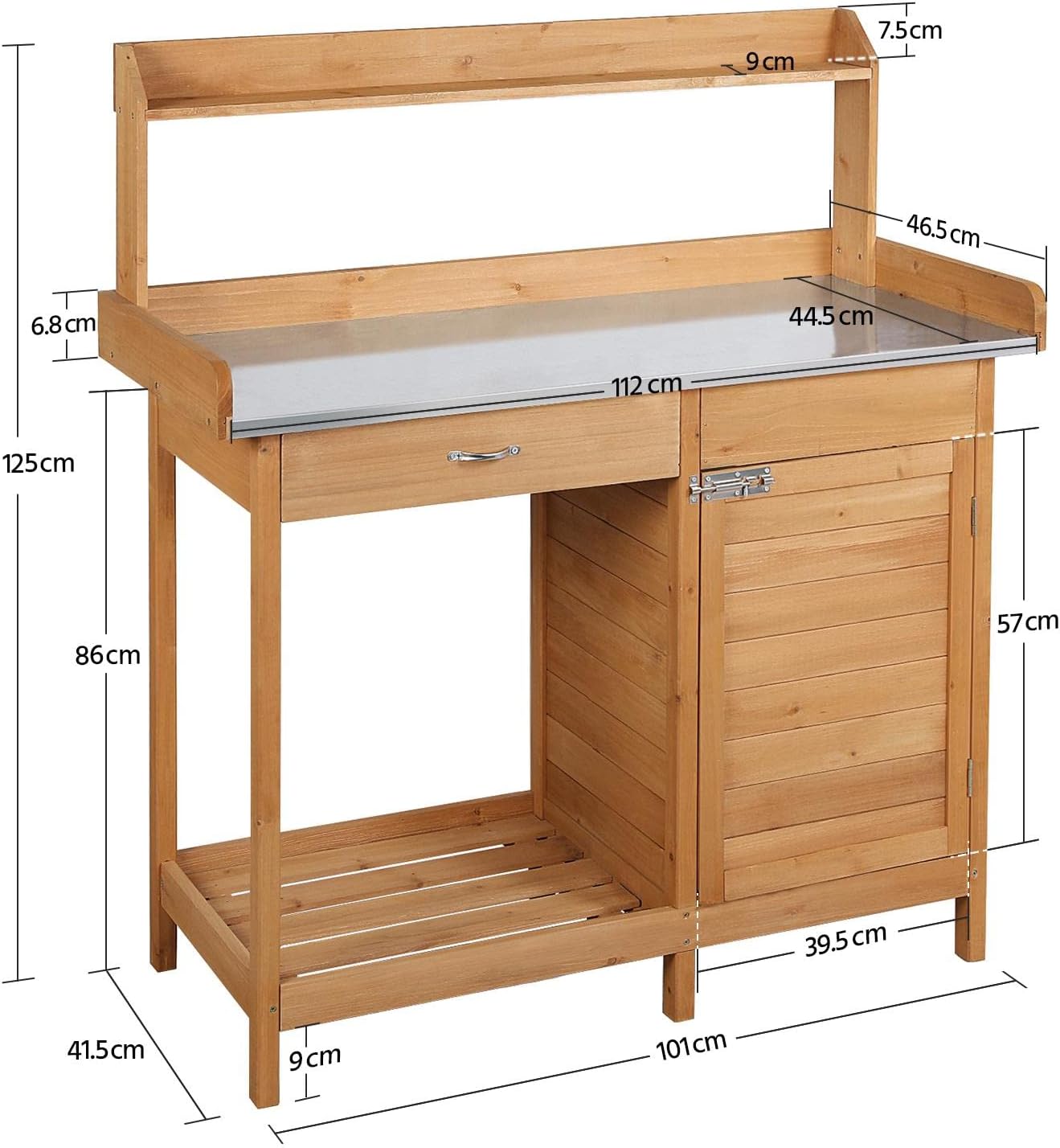 costoffs Potting Bench Wood Garden Potting Table with Cabinet and and Drawers Outdoor Metal Surface Work Bench for Greenhouse with Hooks and Shelf Wood