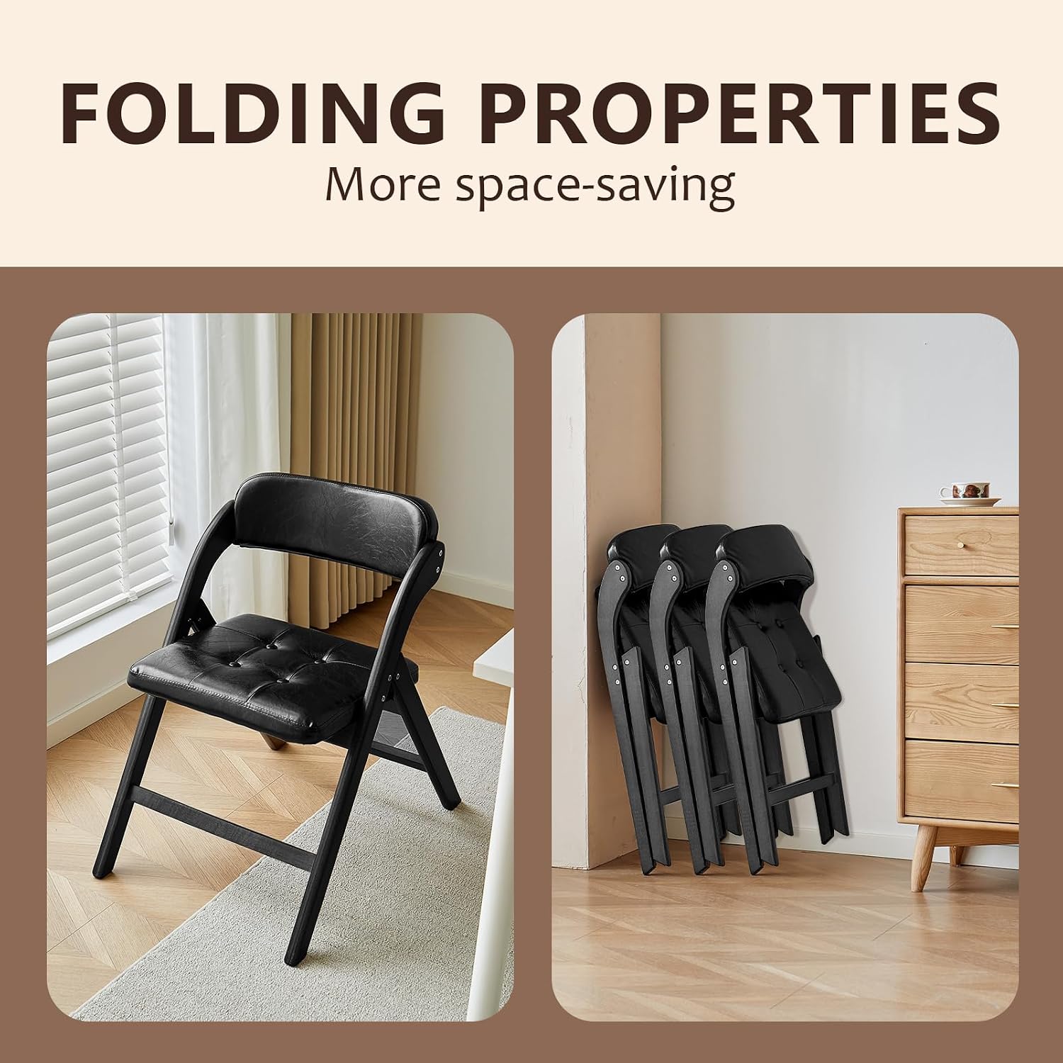 Wood Folding Chairs Set of 2, Upholstered Foldable Dining Chairs with Padded Seat and Backrest, Portable Accent Chairs for Kitchen, Dining Room, Apartment, Office, Guest Seating, Black