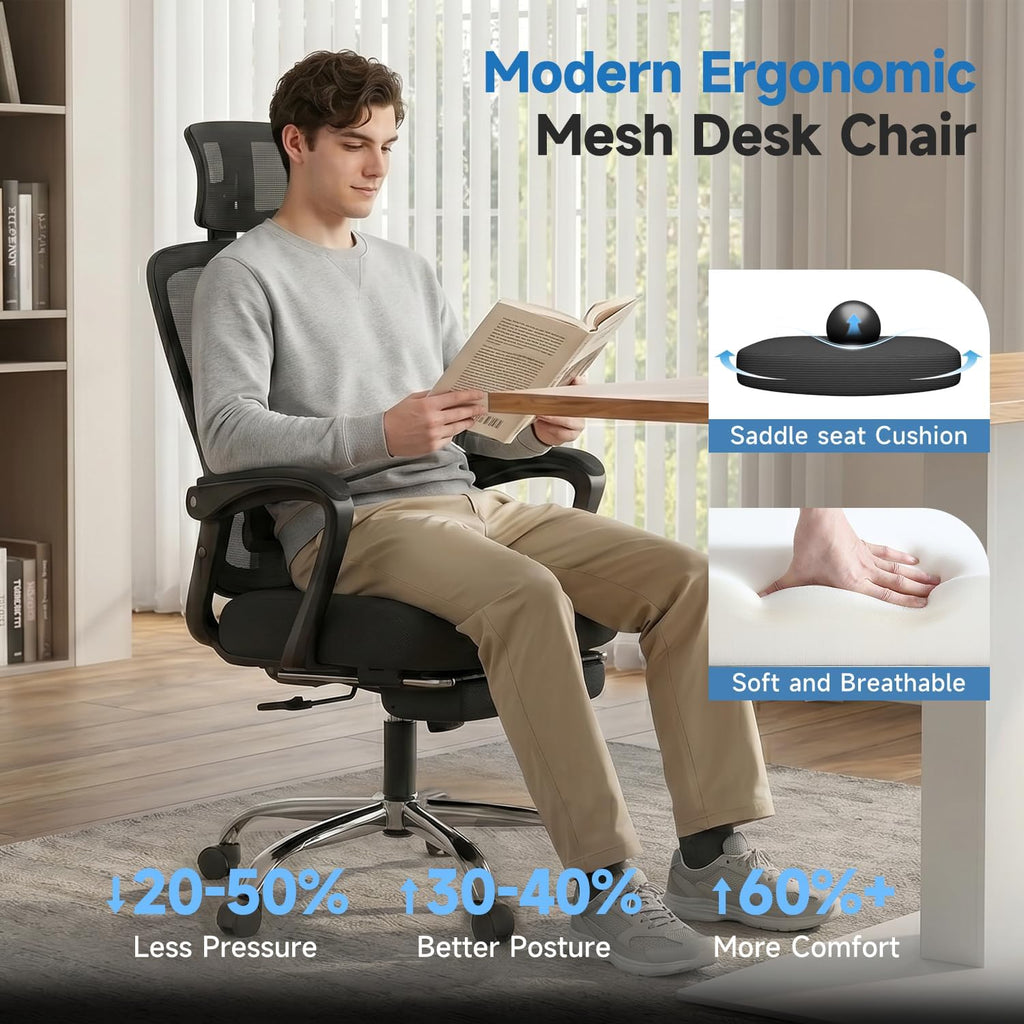 Ergonomic Office Chair with Footrest, 90-145° Reclining Gaming Chair with Adjustable Lumbar Support & Headrest, High Back Mesh Computer Chair for Home Office, 350lbs Capacity