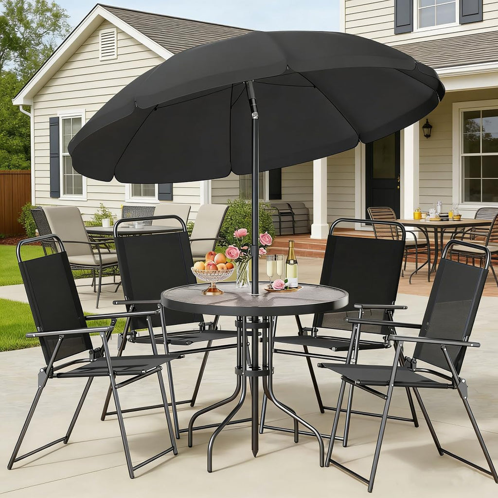 Shintenchi 6 Piece Outdoor Patio Furniture Set, Small Outdoor Patio Dining Table and Chairs Set, Outdoor Seating with Umbrella for Backyard, Balcony, Front Porch, Onyx