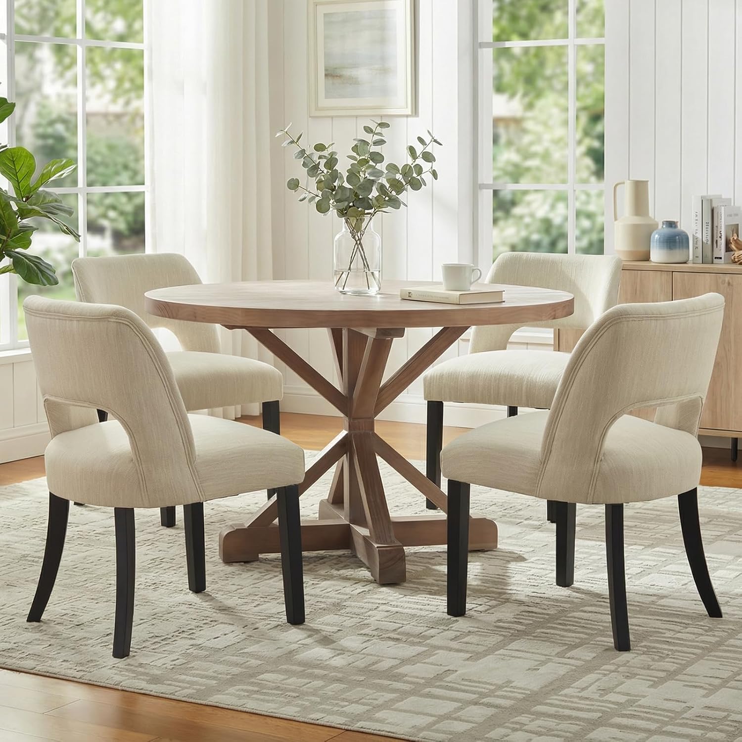 keoni Wooden Dining Chairs Set of 4, Mid Century Modern Upholstered Dining Room Chairs with Black Wood Legs, Fabric Farmhouse Kitchen Chairs with Foot Pegs for Dining Room, Beige