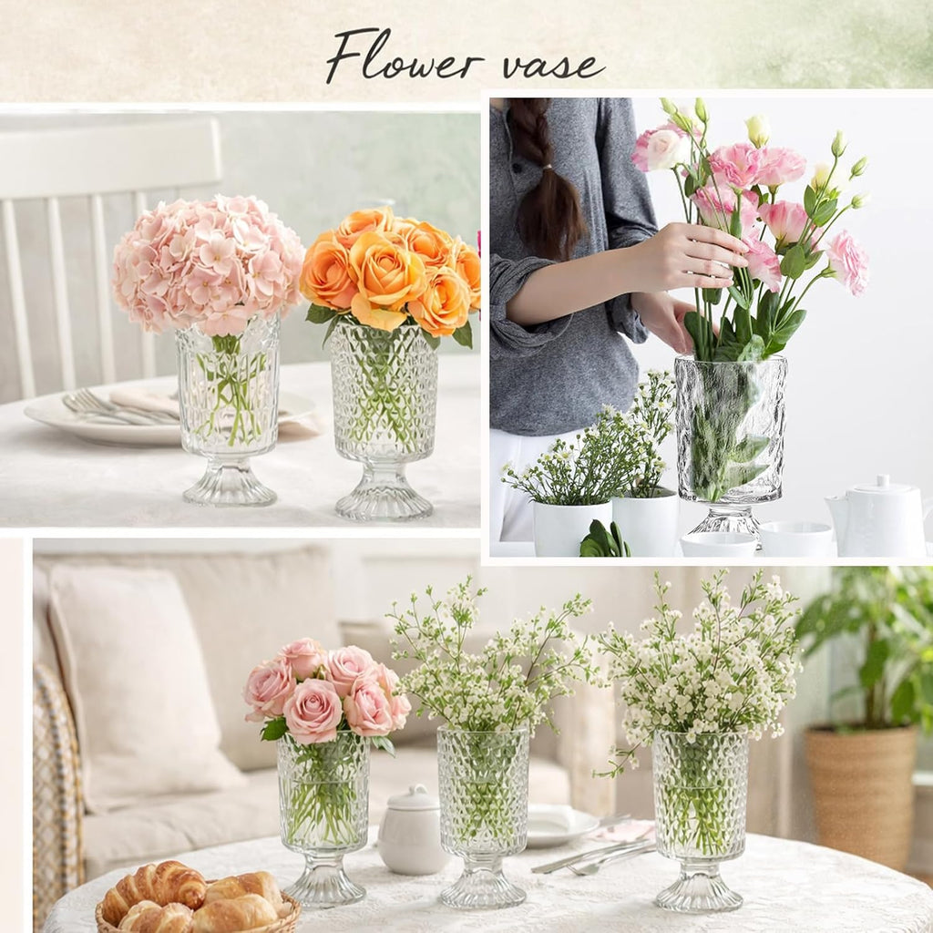 WRINGKIT Set of 3 Embossed Glass Vase, 7'' Clear Vases for Flowers Centerpieces, Wide Mouth Pedestal Vase with Big Base, Cylinder Candle Holder Glass Bouquet Vases for Table, Wedding Home Decor