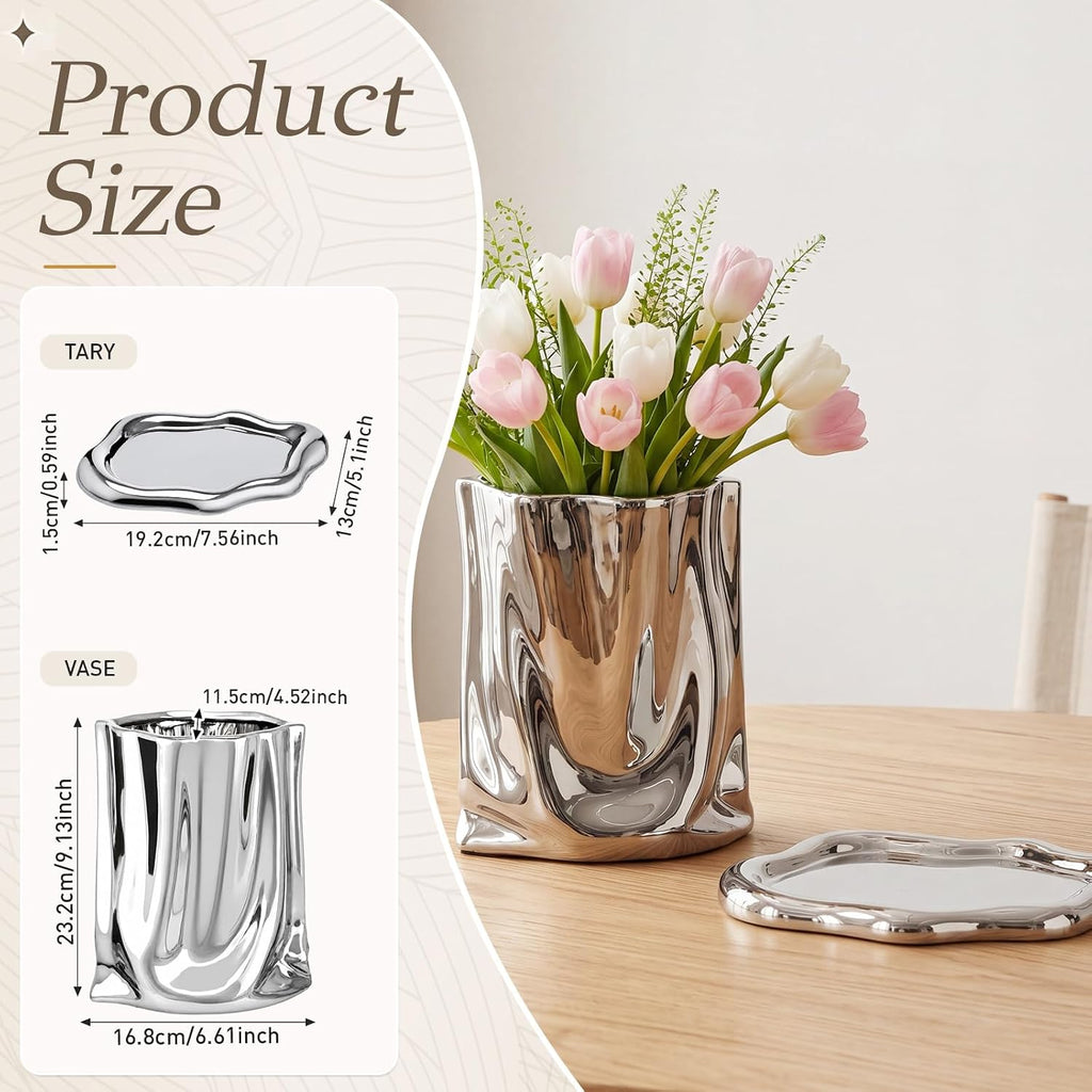 Silver Ceramic Flower Vase and Trinket Tray Set Crinkle Paper Shape Modern Decorative Vase and Cloud Jewelry Dish for Vanity Bedroom Living Room Chrome Home Decor Accents