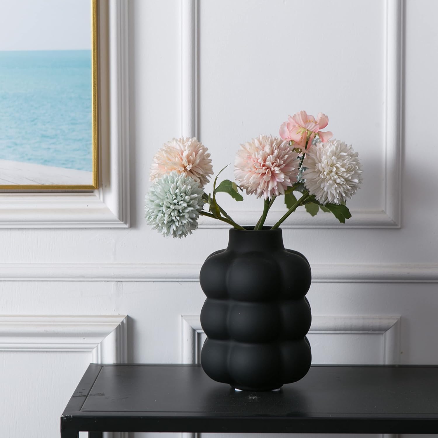 Mowtanco Black Ceramic Vase - Small Spherical Flower Vase for Centerpiece, Three Floors Design for Modern Home Decor, Boho Decorative Vase - 6.7" Tall