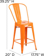 EMMA + OLIVER Commercial Grade 24" H Orange Metal Indoor-Outdoor Counter Height Stool w/Back