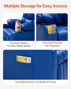 VEVOR Kids Reclining Chair, Toddler Recliner with 2 Cup Holders and 4 Pockets, 107° to 126° Adjustable Back, Easy-to-Clean PU Leather Recliner Couch with Footrest, for Boys, Girls & Children (Blue)