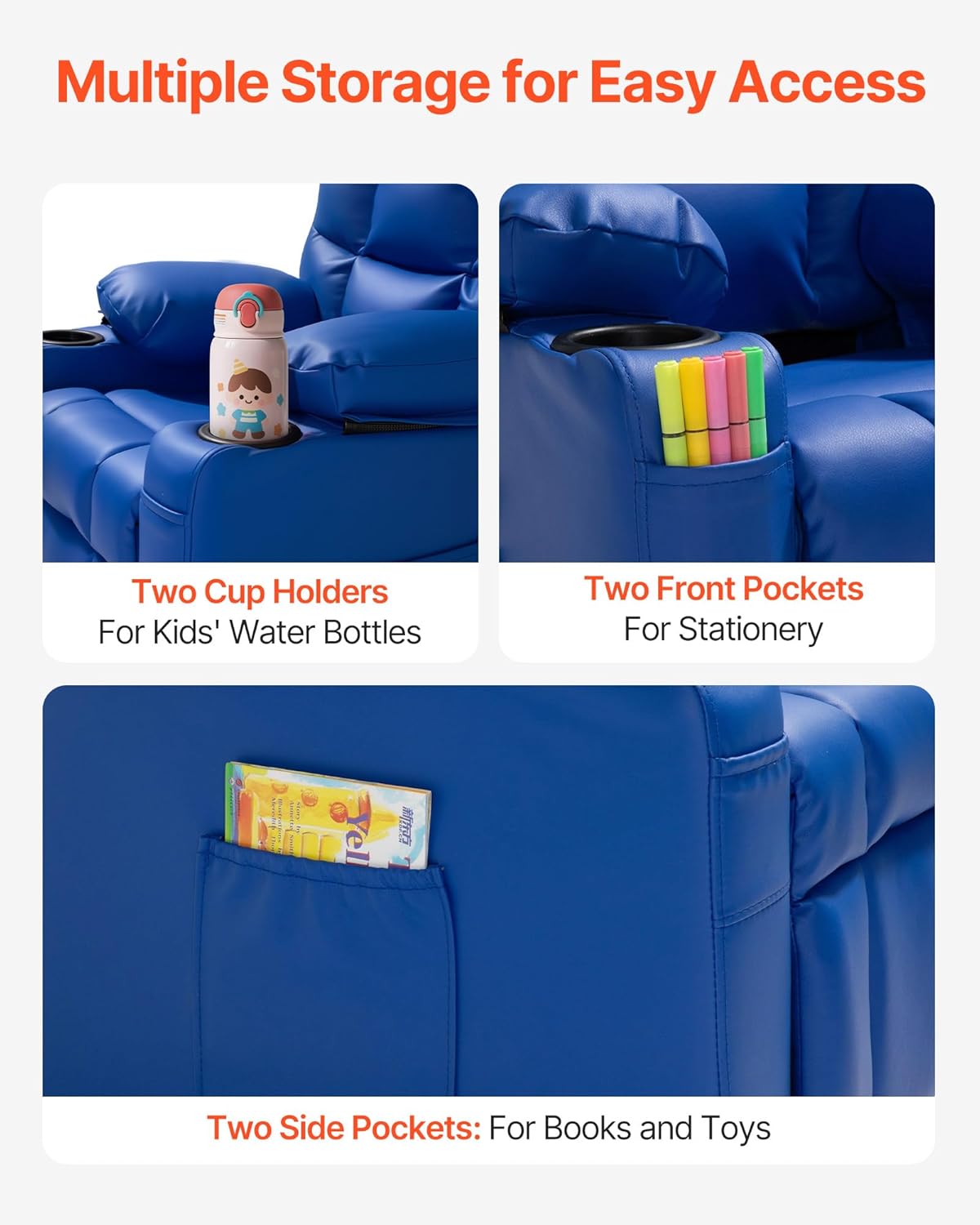 VEVOR Kids Reclining Chair, Toddler Recliner with 2 Cup Holders and 4 Pockets, 107° to 126° Adjustable Back, Easy-to-Clean PU Leather Recliner Couch with Footrest, for Boys, Girls & Children (Blue)