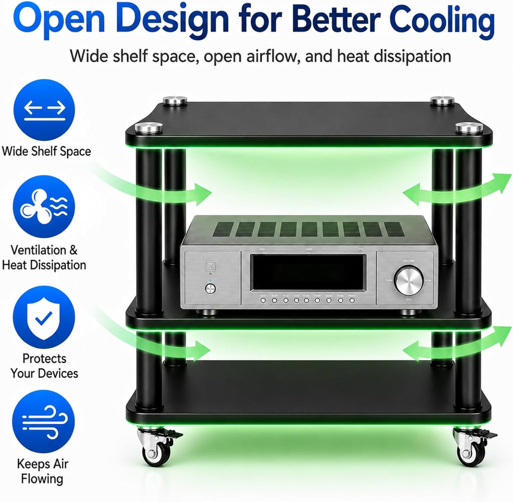 AV Media Stand with LED Lights, Audio Rack with USB Powered RGB Light Strip, Rolling Stereo Cabinet with Lockable Caster Wheels, 88 lbs Per Shelf, Printer/TV Stand for Small Spaces (black, 3-Tier)
