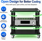 AV Media Stand with LED Lights, Audio Rack with USB Powered RGB Light Strip, Rolling Stereo Cabinet with Lockable Caster Wheels, 88 lbs Per Shelf, Printer/TV Stand for Small Spaces (black, 3-Tier)