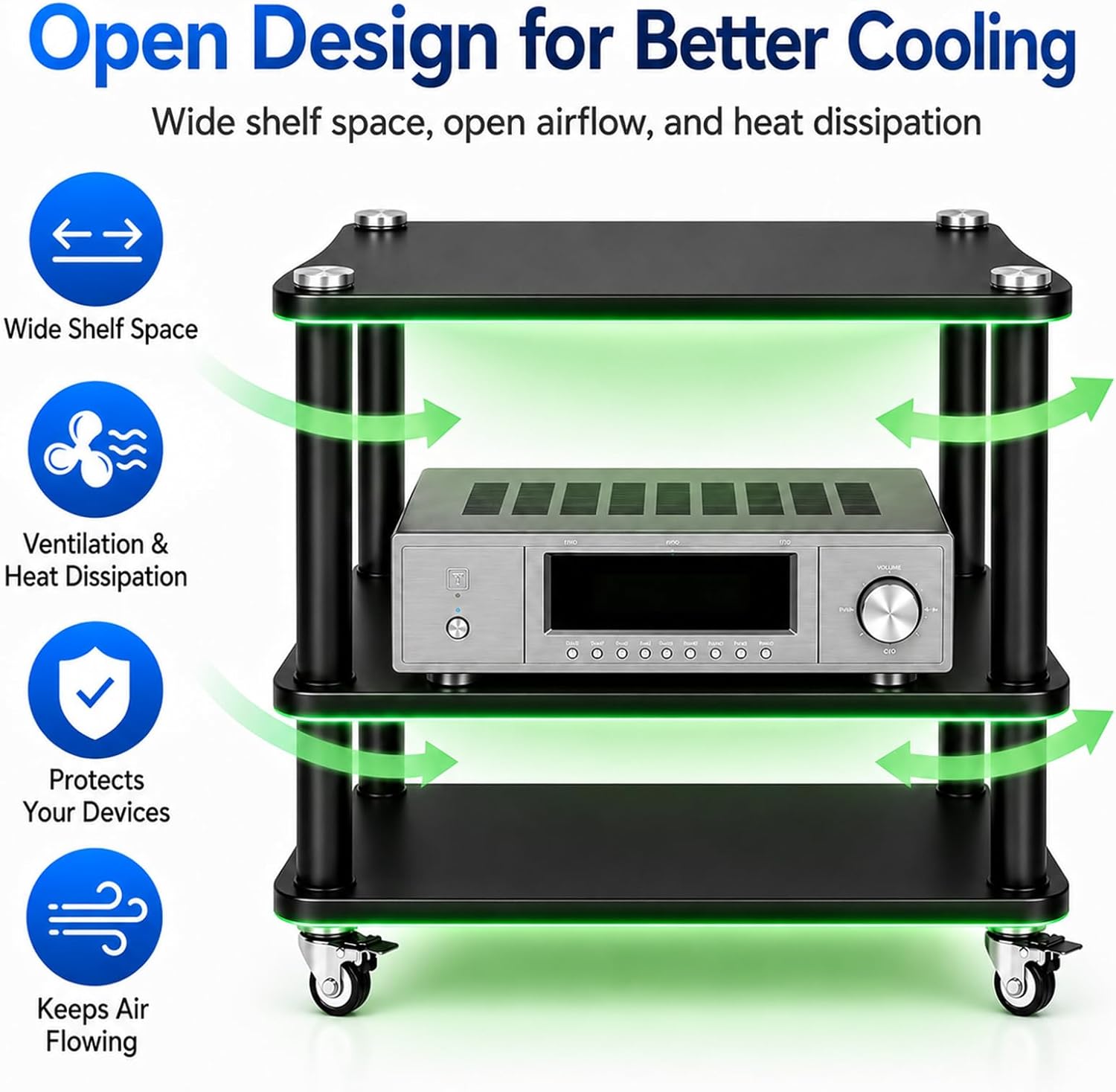 AV Media Stand with LED Lights, Audio Rack with USB Powered RGB Light Strip, Rolling Stereo Cabinet with Lockable Caster Wheels, 88 lbs Per Shelf, Printer/TV Stand for Small Spaces (black, 3-Tier)