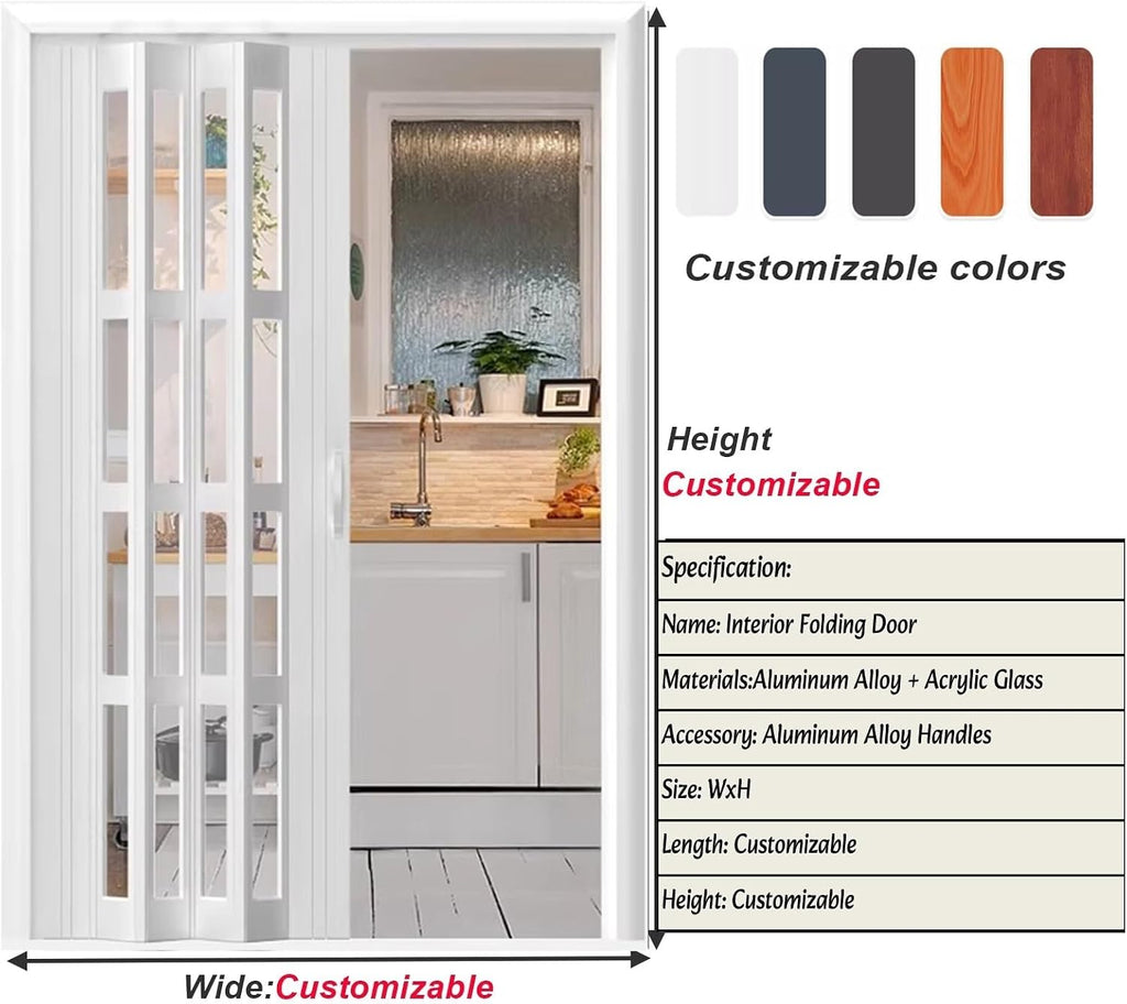 Indoor Room Divider Heavy Duty Aluminum Folding Sliding Door Retractable Frosted Acrylic Glass Panel for Kitchen Laundry Room Office 5.6x6.7ft(170.2x203.2cm)