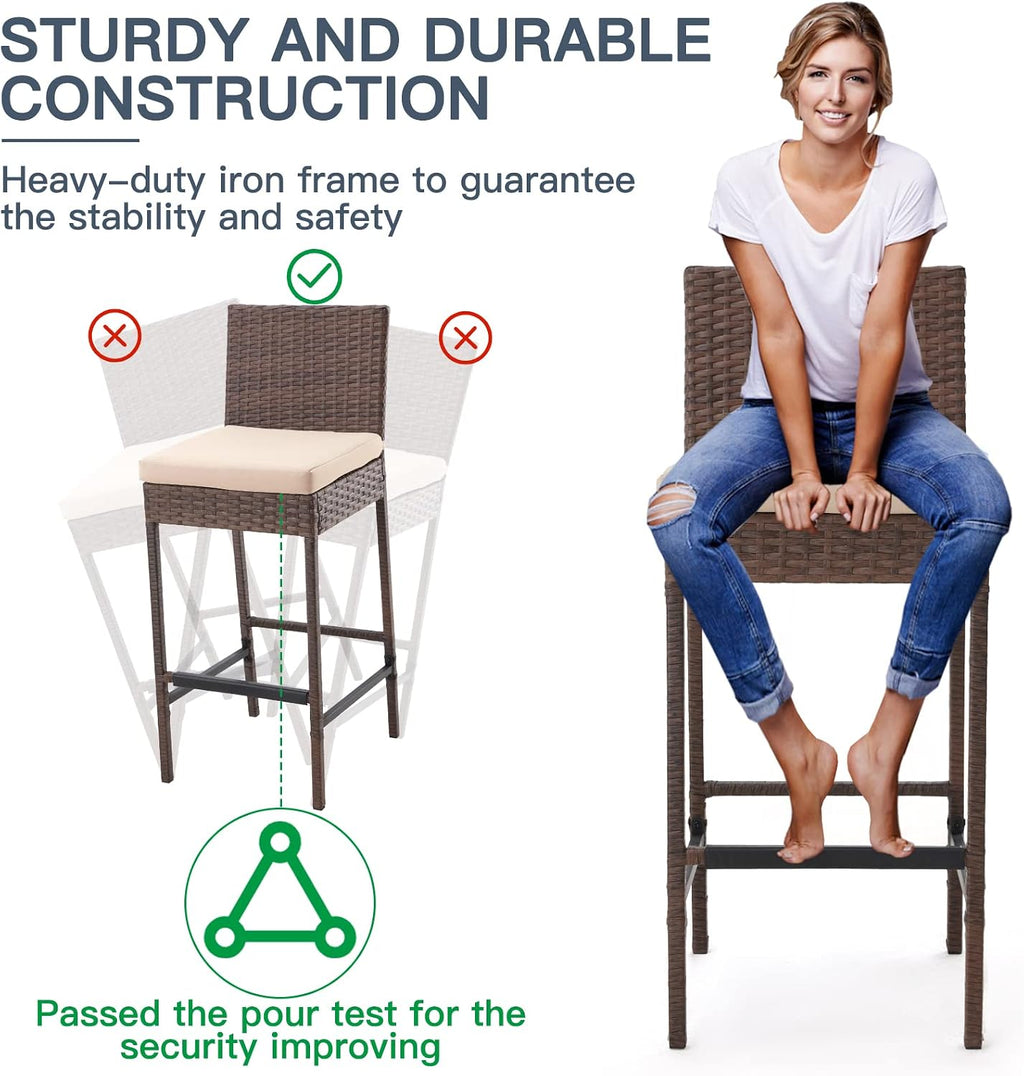 ECOTOUGE Rattan Bar Stools Set of 2, Patio Wicker Barstools with Cushions, Patio Bar Chairs Armless for Backyard, Poolside, Deck (Brown)