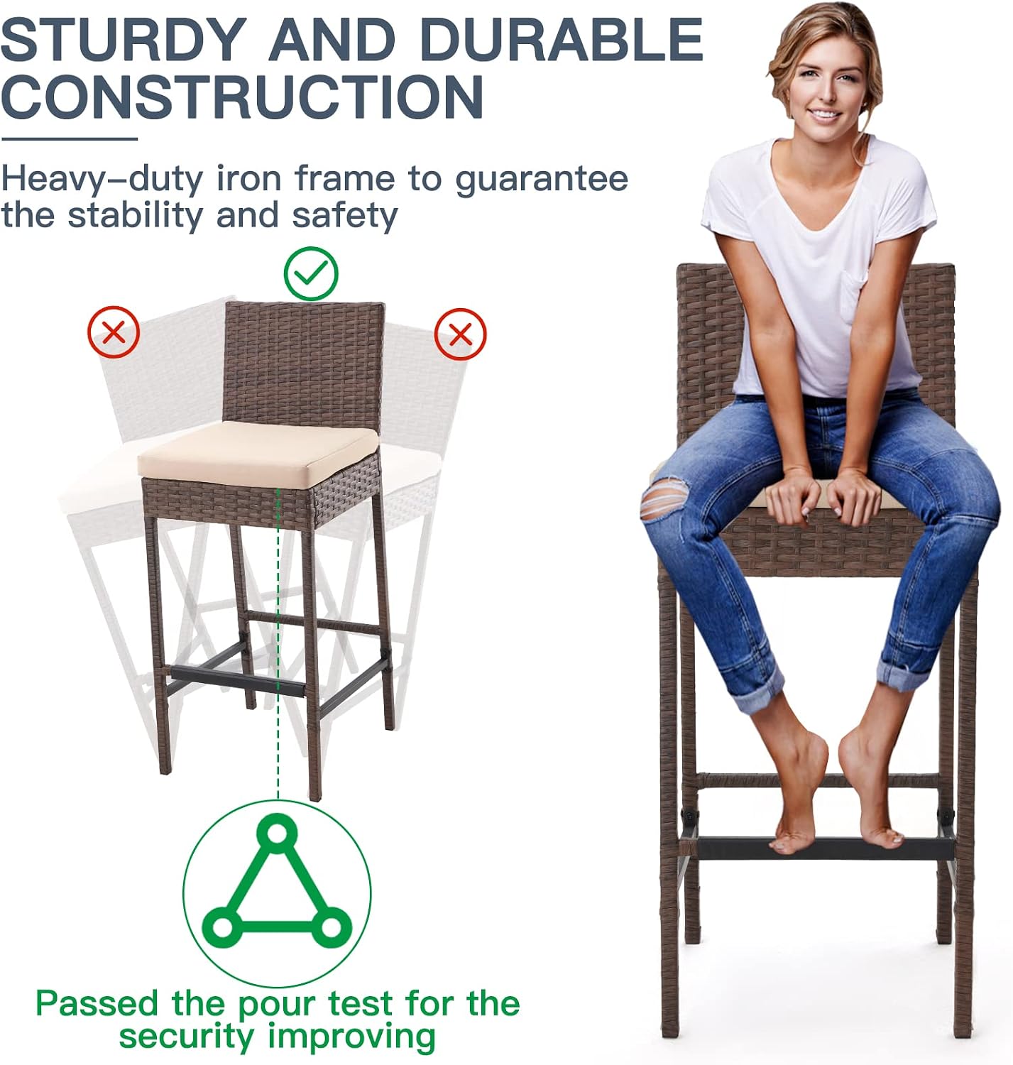 ECOTOUGE Rattan Bar Stools Set of 2, Patio Wicker Barstools with Cushions, Patio Bar Chairs Armless for Backyard, Poolside, Deck (Brown)