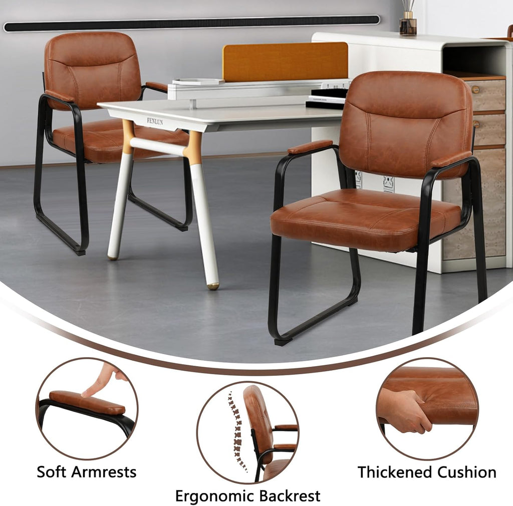 CLATINA Reception Chair Set of 4, Leather Guest Chair with Padded Arms and Sled Base, Waiting Room Chair No Wheels, Computer Desk Chair for Office, Home, Break Conference Meeting Room, School, Brown