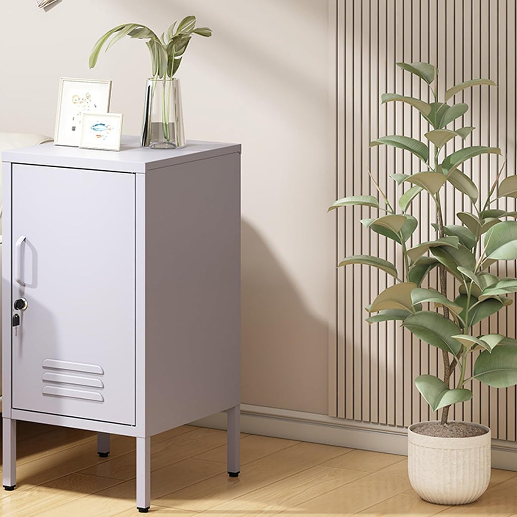Lockable Metal End Table with 2 Adjustable Shelves, Modern Single Door Side Table, Industrial Metal Nightstand with Storage Cabinet for Bedroom, Living Room, Office, Easy Assembly