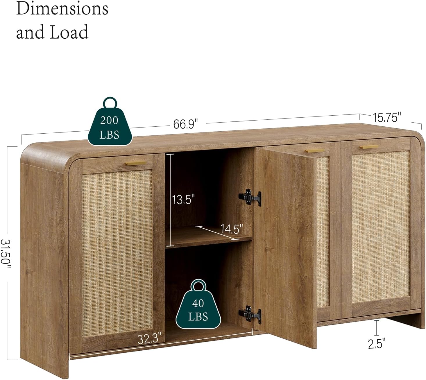 Evermagin 67" Rattan Buffet Cabinet with Storage, Boho Sideboard Cabinet with 4 Doors, Large Credenza Sideboard Buffet for Living Room, Hallway and Kitchen, Caramel Oak