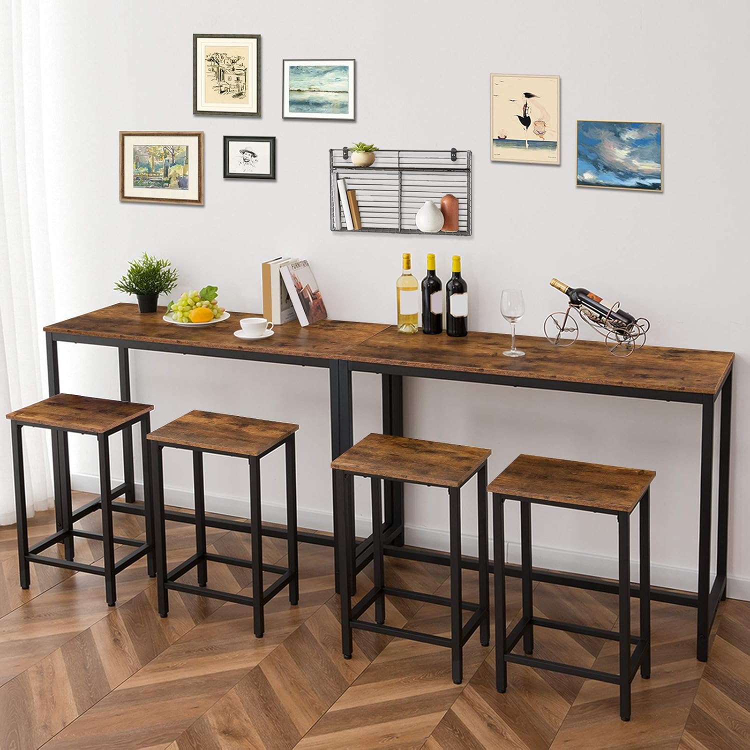 HOOBRO Bar Table and Chairs Set, 47.2” Rectangular Pub Table with 2 Stools for Small Space, High Top Table, 3-Piece Breakfast stools Set, Sturdy Metal Frame, Easy to Assemble, Rustic Brown BF52BT01