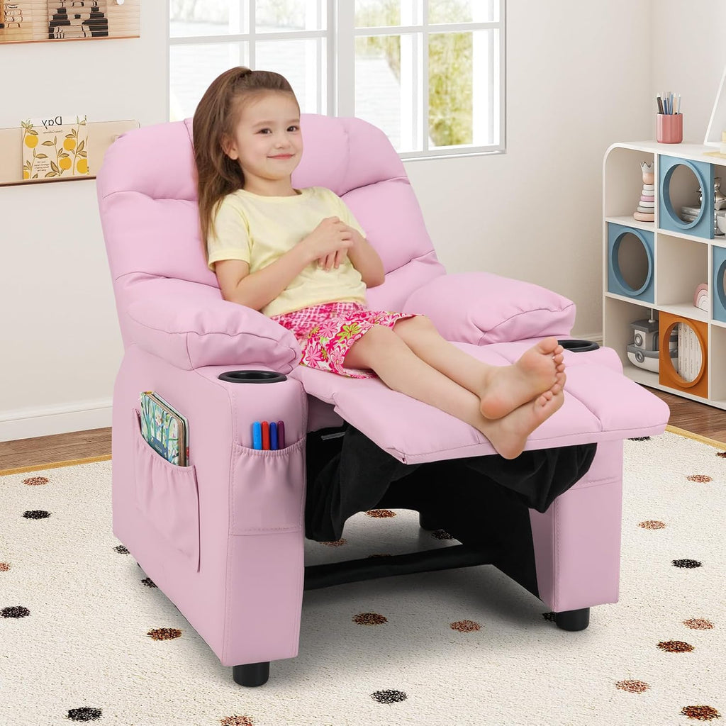 Kids Recliner, Kids Recliner Chair w/ 2 Cup Holders, PU Leather Chairs Comfy w/Adjustable Backrest & 3 Pockets, Toddler Furniture Sofa for Boys Girls Aged 3+