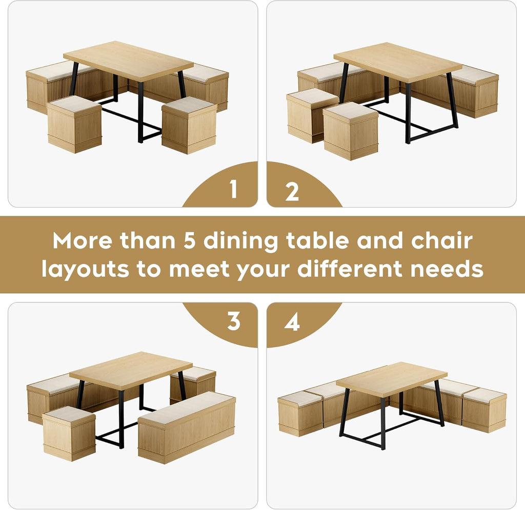 XIAO WEI Corner Dining Table Set, 6-Piece Breakfast Nook Dining Set with Storage Bench and Stools, 47" Banquette Seating for Small Space, Apartment Kitchen & Dining Room, Natural Wood