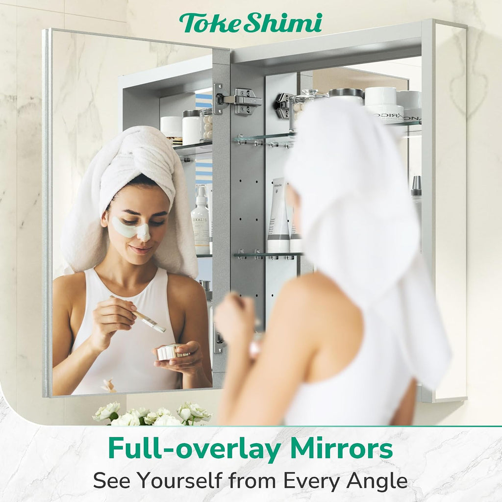 TokeShimi 24x26 Mirrored Medicine Cabinet, Aluminum Recessed Wall Mounted Bathroom Cabinet with Full-Overlay Mirrors
