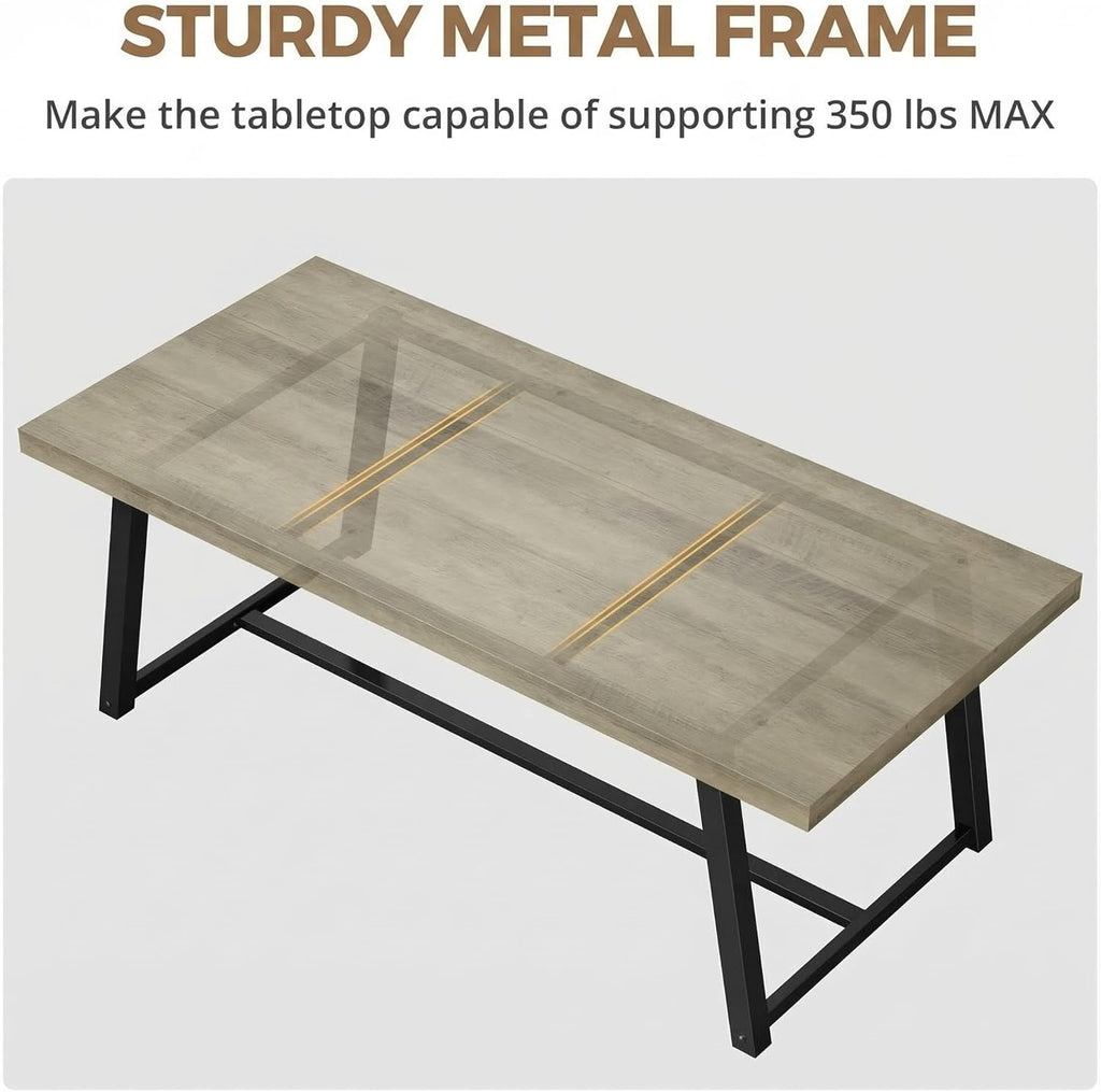 IRONCK 71" Dining Table for 6-8 People, Industrial Kitchen Table with Sturdy Metal Frame, Rectangular Grey Wood Dinner Table for Dining Room