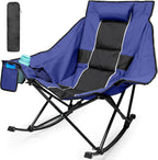 ZENPETIO Oversized Rocking Camping Chair Portable Outdoor Folding Rocker with Padded Headrest and Carry Bag, Heavy Duty Rocker Chair for Camping, Lawn and Patio, Supports 400 lbs, Blue Black