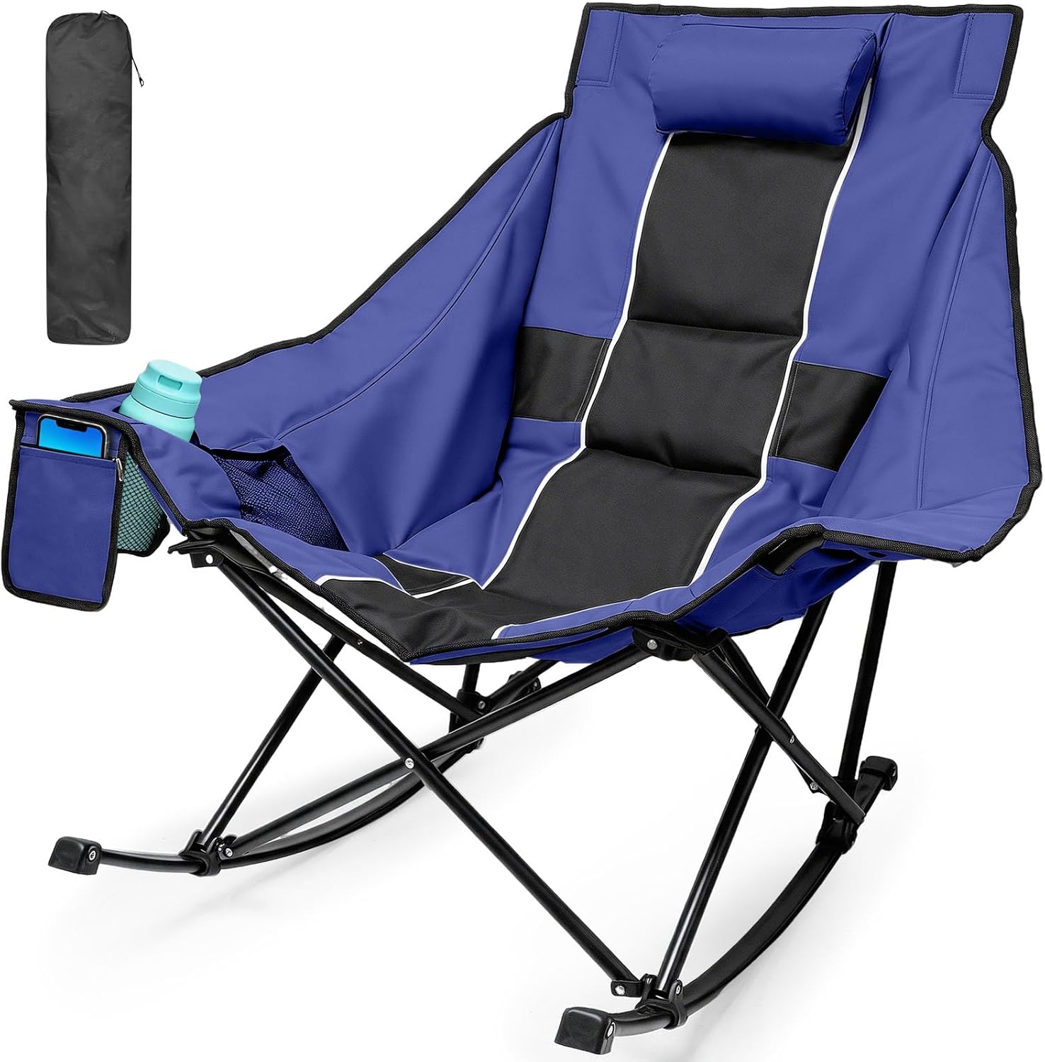 ZENPETIO Oversized Rocking Camping Chair Portable Outdoor Folding Rocker with Padded Headrest and Carry Bag, Heavy Duty Rocker Chair for Camping, Lawn and Patio, Supports 400 lbs, Blue Black