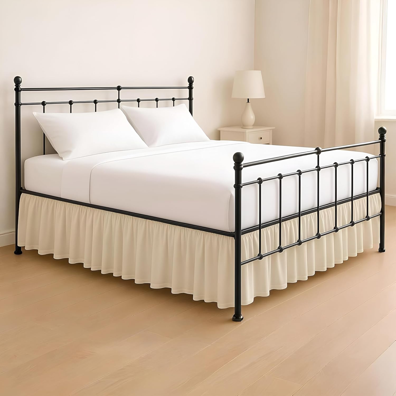 King Size Ruffled Bed Skirt - 16 inch Drop Dust Ruffle Bedskirt with Split Corners, Easy Fit Platform Design Bed Skirts, Three-Sided Coverage, Microfiber Bedskirts, Ivory