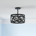 Farmhouse Semi Flush Mount Ceiling Light,3-Light Industry Black Sloped Ceiling Light Fixtures D13 Inches Drum Metal Light Fixture for Entryway Foyer Hallway Kitchen Dining Room