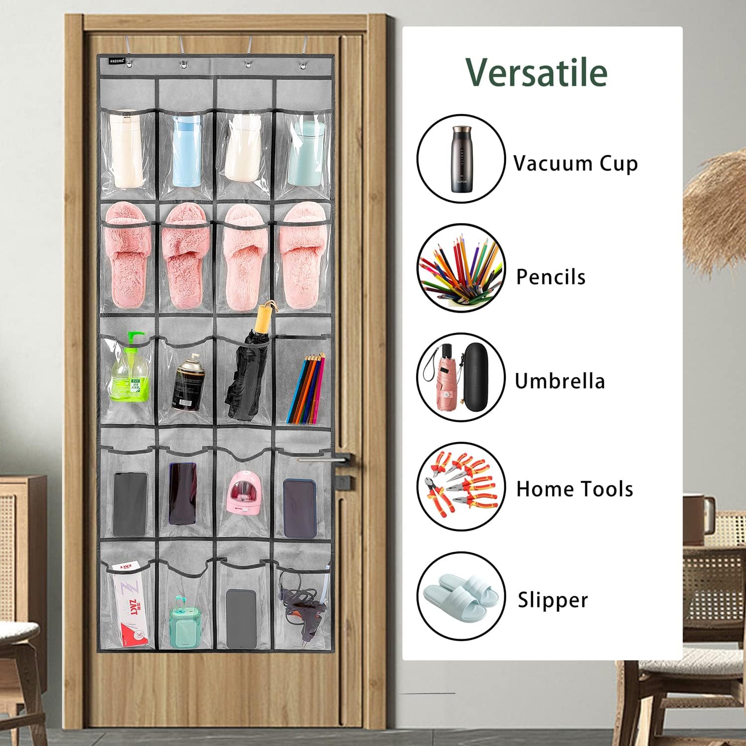 Over Door Hanging Water Bottle Holder Cup Organizer for Kitchen Pantry Glass Bottle Storage Rack with 20 Pockets (CLEAR PVC POCKETS)