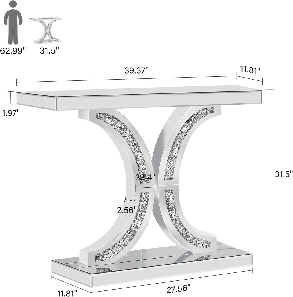 Silver Mirrored Console Table with Crushed Diamond Inlay, 39.4'' Long Glass Entryway Sofa Table, C-Shaped Base Modern Accent Narrow Table for Living Room, Hallway, Foyer, Entrance