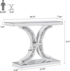 Silver Mirrored Console Table with Crushed Diamond Inlay, 39.4'' Long Glass Entryway Sofa Table, C-Shaped Base Modern Accent Narrow Table for Living Room, Hallway, Foyer, Entrance