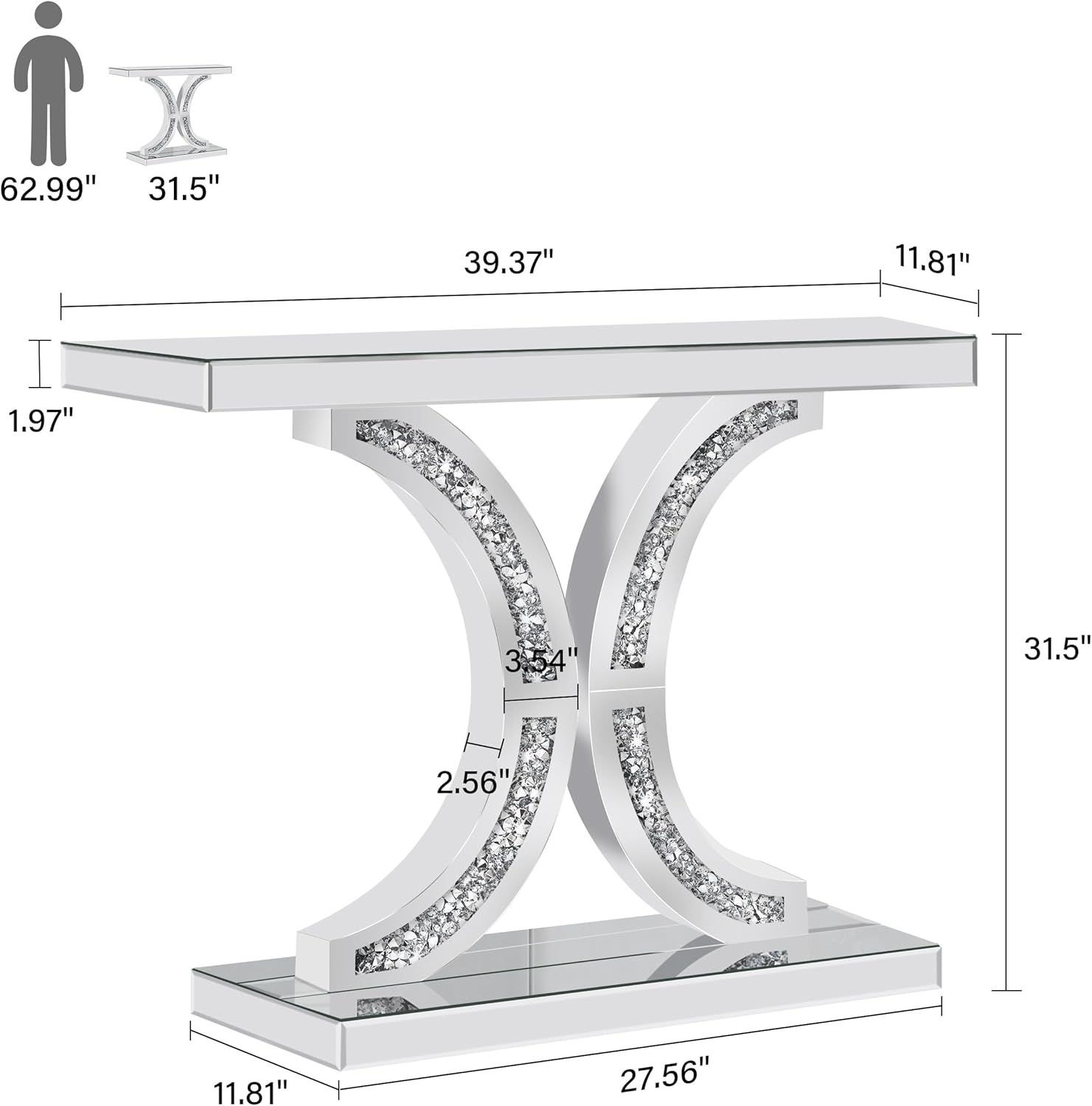 Silver Mirrored Console Table with Crushed Diamond Inlay, 39.4'' Long Glass Entryway Sofa Table, C-Shaped Base Modern Accent Narrow Table for Living Room, Hallway, Foyer, Entrance