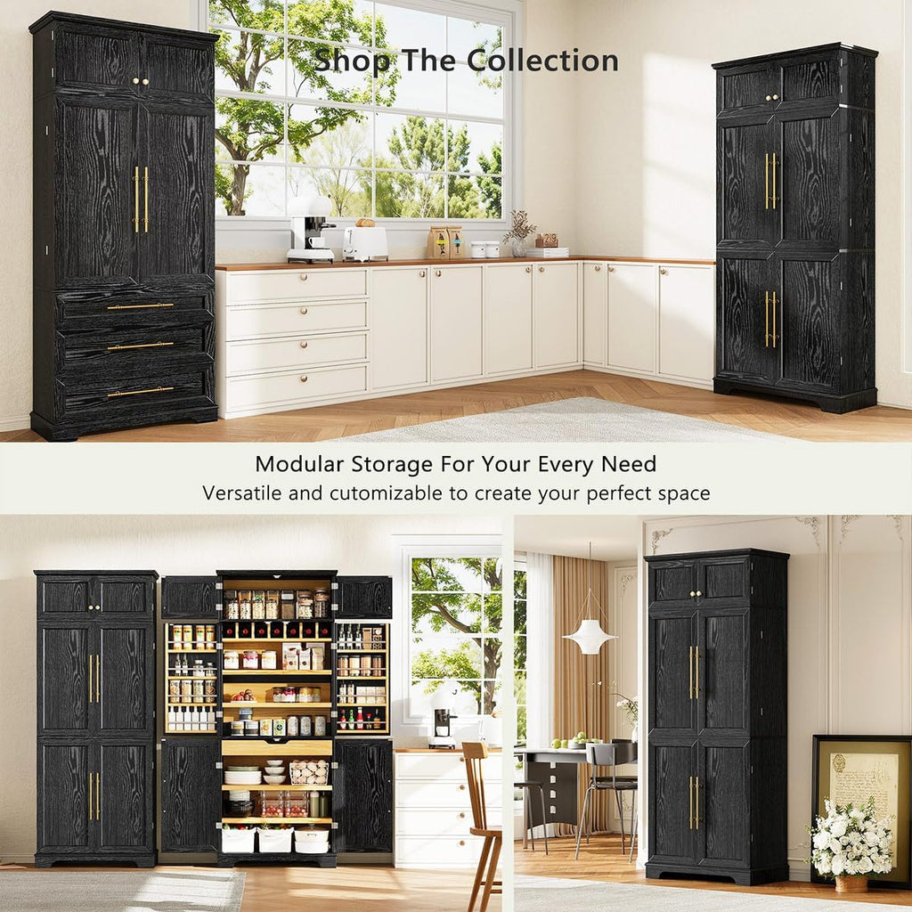 78.2" Tall Farmhouse Kitchen Pantry Cabinet with 8 Door Shelves and 4 Adjustable Shelves, Storage Cabinet with Hidden Drawer for Bathroom, Versatile Cupboard with Wine Rack for Kitchen (Black)