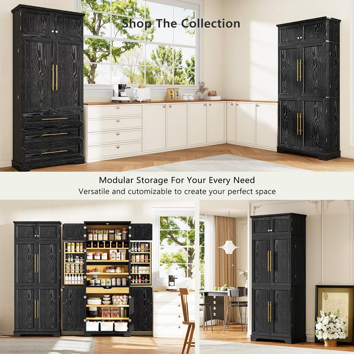 78.2" Tall Farmhouse Kitchen Pantry Cabinet with 8 Door Shelves and 4 Adjustable Shelves, Storage Cabinet with Hidden Drawer for Bathroom, Versatile Cupboard with Wine Rack for Kitchen (Black)